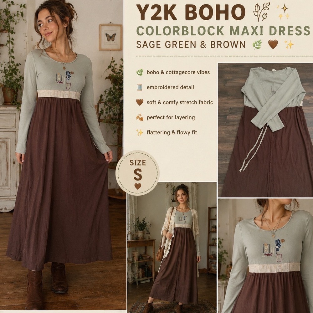 Y2K Boho Colorblock Maxi Dress Small – Long Sleeve Brown & Sage Cottagecore